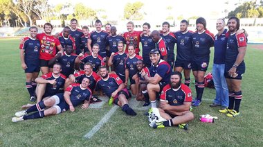The triumphant FNB Madibaz team celebrate their 45-29 victory over the FNB Maties during the opening round of the Varsity Cup, presented by Steinhoff International, on Monday evening. Photo: Full Stop Communications
